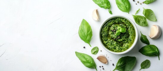 Obraz premium Fresh basil pesto sauce in a white bowl on a light background with scattered basil leaves and garlic cloves highlighting vibrant green colors.