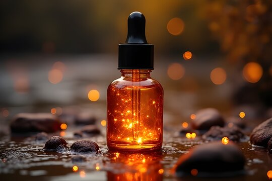 Illuminated Amber Serum Bottle on Stones by a Stream - Natural Skincare Elixir