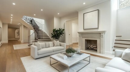 Modern living room interior design, hardwood floors, fireplace, stairs