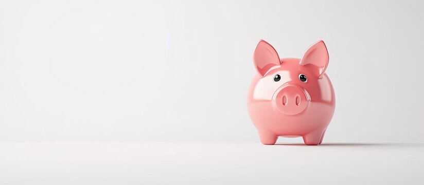 Pink piggy bank positioned on the right side of a clean white background, symbolizing savings and financial concepts.