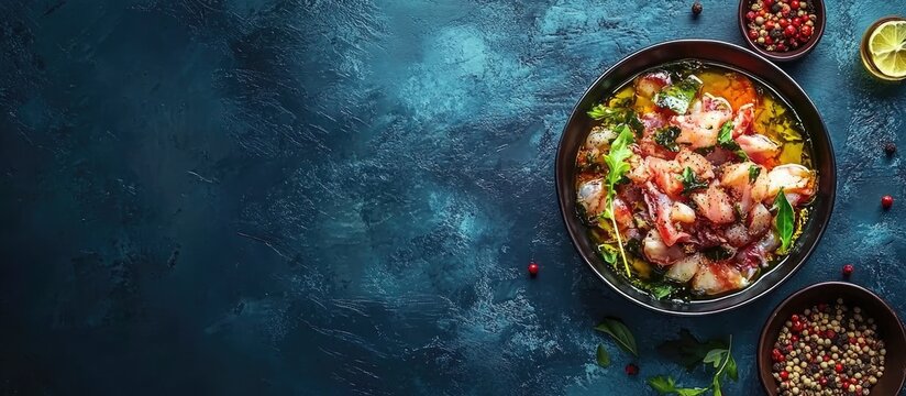 Nutritious pickled seafood dish featuring rapan meat with vibrant greens in dark bowl on blue textured background with side spices and herbs