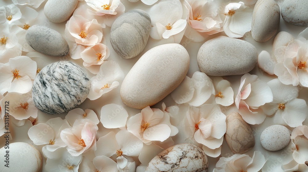 Leinwandbilder natural decorative arrangement of smooth stones and delicate flower petals on a soft surface display