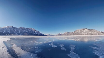 Obraz premium Panoramic View of Frozen Lake Surrounded by Snow-Capped Mountains Under Clear Blue Sky in Winter