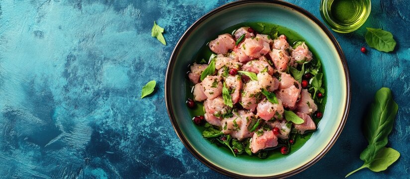 Nutritious pickled rapan meat salad garnished with greens and spices in a turquoise bowl on a blue textured background with vibrant lighting