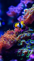 In a colorful Marine world, a brilliant and vibrant society of aquatic life co-exists harmoniously in a tapestry of colorful coral reefs