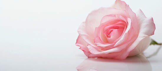 Fototapeta premium Soft pink rose lying gracefully on a smooth white surface with gentle reflections showcasing delicate petals and serene colors.