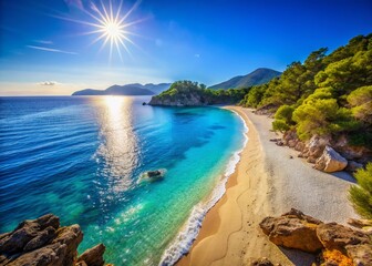 Fototapeta premium Stunning Turquoise Turkish Coastline: Crystal Clear Waters & Azure Sky - High-Resolution Stock Photo