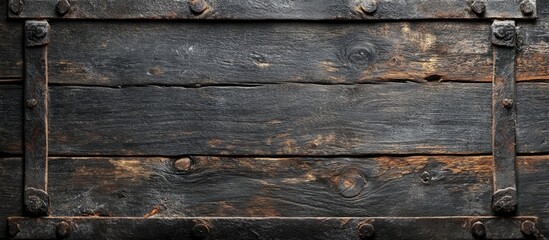 Rustic wooden plaque with dark brown weathered planks and aged metal accents centrally placed, providing a vintage textured background.