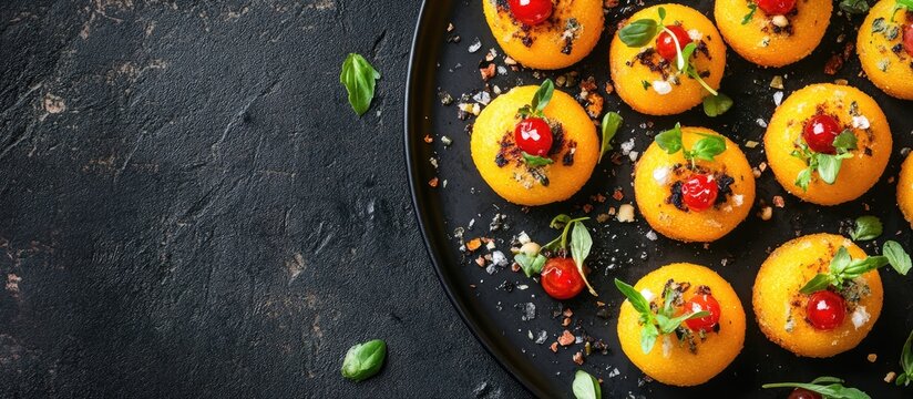 Polenta Bites Plated on Black Stone with Bright Yellow Color Topped with Cherry Tomatoes and Fresh Herbs in a Circular Arrangement