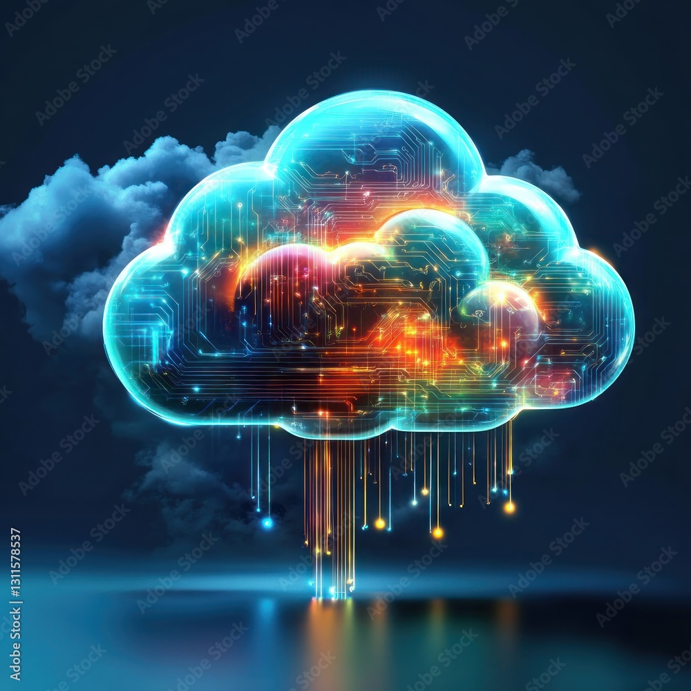 Poster Colorful Digital Cloud Technology with Light Streams and Data Connections in Dark Background