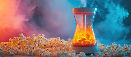 Colorful lava lamp glowing orange surrounded by scattered popcorn with a smoky blue and orange background creating a nostalgic atmosphere.