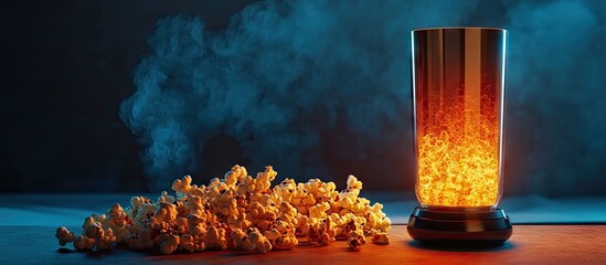 Popcorn scattered on a wooden surface next to a glowing lava lamp emitting warm orange light with smoke in a dark background atmosphere.