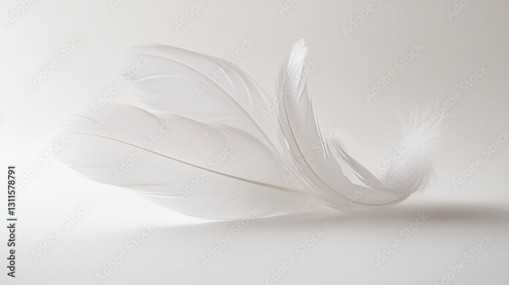 Poster Floating white feathers create a serene and dreamlike atmosphere on a soft background