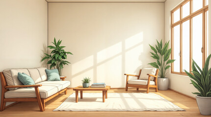 Fototapeta premium A living room with a white wall and a white couch