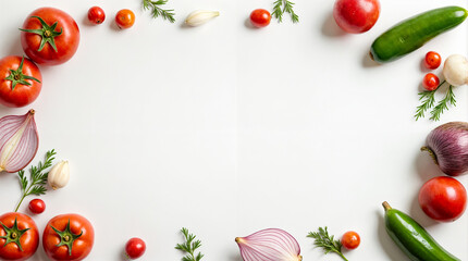 A white background with a variety of vegetables including tomatoes, onions