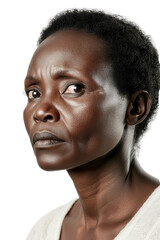 Obraz premium Woman portrait looking serious isolated on white background with neutral expression, emotional face, cultural identity, adult woman, thoughtful expression.