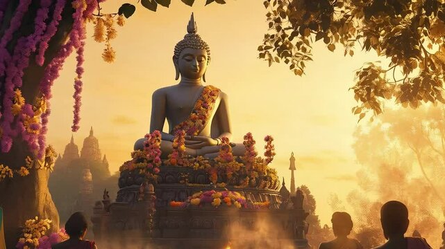 Buddha Purnima scene featuring a majestic Buddha statue adorned with vibrant floral garlands, bathed in soft golden sunrise light.