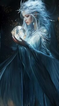 Selena, the Lunar Maiden, stands in a moonlit grove, she cradles a moonstone, its surface glowing with a soft, milky light.