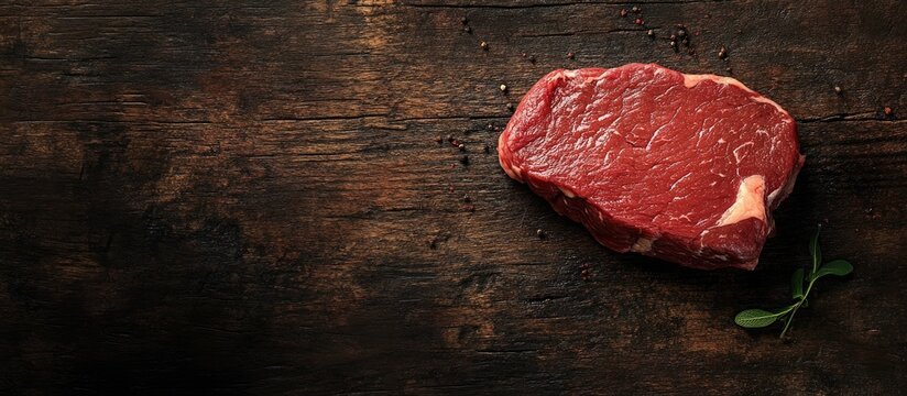 Raw beef steak on a dark wooden surface with coarse salt and a small green herb on the left side highlighting the rich red color of the meat.