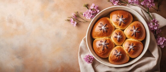 Fototapeta premium Freshly prepared hot cross buns in a round ceramic dish on a warm orange stone surface with a linen cloth and delicate pink flowers nearby.