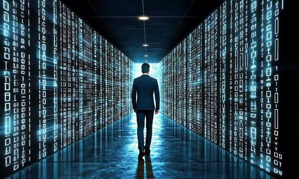 A businessman walks through a data center's glowing binary code corridor towards the light.