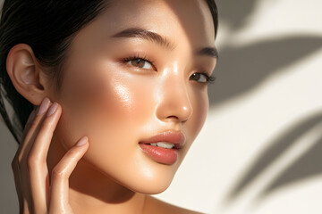 Bright sunlight highlights a woman's glowing skin as she gently touches her face with a serene expression