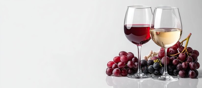 Red and white wine glasses positioned side by side on a white background, surrounded by red and black grapes, with ample copy space on the left.