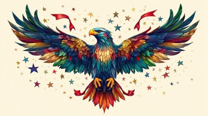 Obraz premium A majestic bird, bursting with vibrant blues, greens, yellows, reds, and oranges. Its intricate design features ornate patterns adorning its feathers