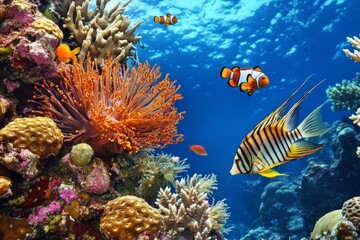 Obraz premium In a colorful Marine world, a brilliant and vibrant society of aquatic life co-exists harmoniously in a tapestry of colorful coral reefs