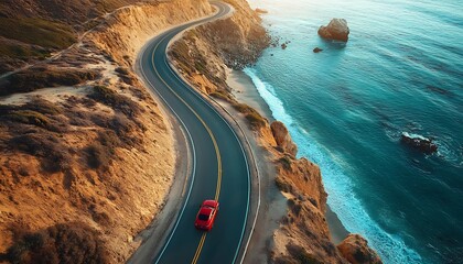 Red car winding coastal road