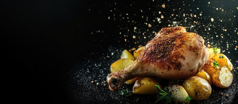 Roasted chicken leg garnished with cumin and garlic atop golden potatoes on a dark background with scattered spices and ample copyspace.