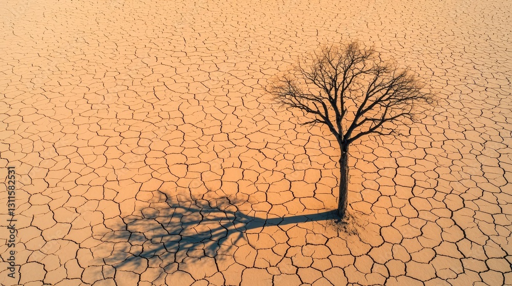 Aufkleber climate change drought idea. a solitary tree stands on cracked earth, symbolizing resilience in a ha