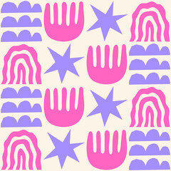 Cute geometric seamless pattern with hand drawn shapes on a beige background. Simple groovy modern design. Purple and pink colors. Vector illustration