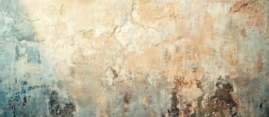 Fototapeta premium Rustic textured concrete wall in soft beige and blue-green tones featuring cracks and peeling paint positioned center and blending at edges
