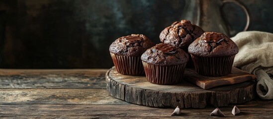Chocolate muffins arranged on a wooden rustic table with a dark background, featuring a soft cloth and scattered chocolate chips for added texture.