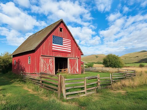 Red Barn with Flag in Rural Landscape