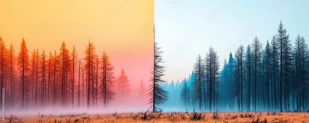 Poster climate change drought concept. a serene forest scene split between warm and cool color tones at daw