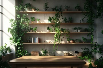 Minimalist urban jungle apartment featuring cascading greenery for a serene, modern living space.