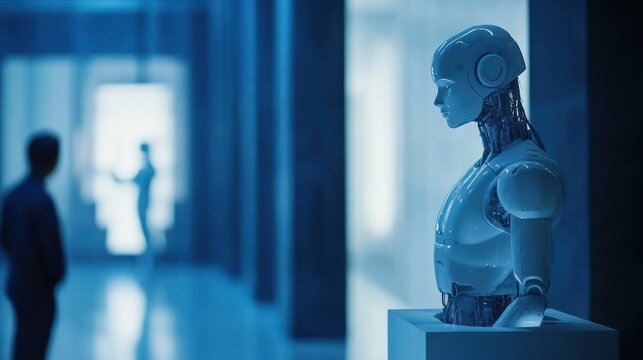 A robotic bust stands in a gallery beside onlookers