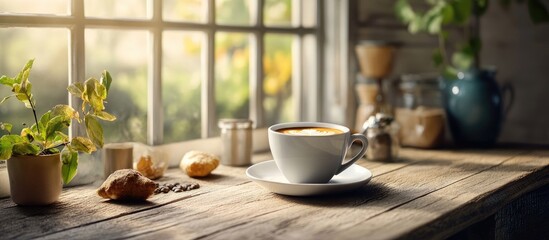 Warm coffee cup on a rustic wooden table by a sunlit window with green plants, pastries, and cozy kitchen elements in a cheerful morning setting.