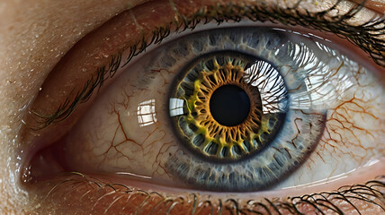 eye in the eye, A detailed closeup of a human eye, showcasing the iris and pupil, with superimposed circular graphical elements symbolizing vision analysis or ophthalmology diagnostic technology