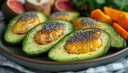 Closeup of Halved Avocados Filled with Orange Sweetness and Poppy Seeds