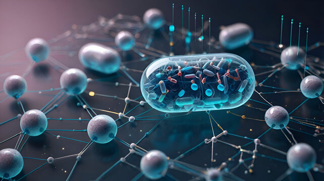 A digital representation of a pill on a network background symbolizes ai-driven precision medicine