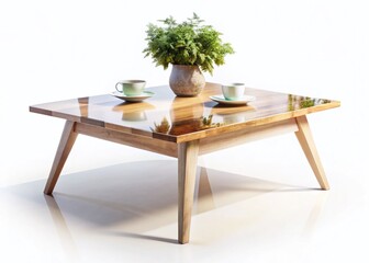 Stylish Modern Wooden Coffee Table Isolated on White - Minimalist Interior Design