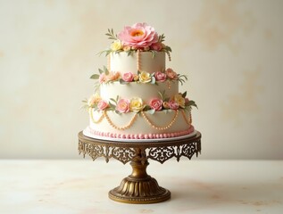 Soft-toned multi-tier biscuit cake with rose flowers and lace piping, showcased in nostalgic style. Soft-toned icing blends vintage elegance and pastel sweetness