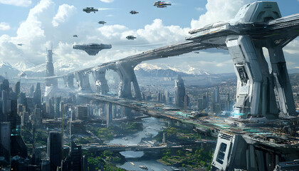 Fototapeta premium A futuristic city with a massive bridge and flying vehicles overhead -