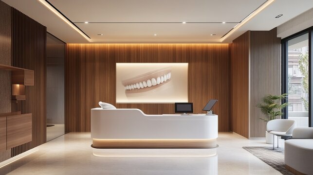 Modern dental office interior featuring an intraoral scanner with teeth on display, representing digital dentistry and scanning technology