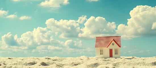 Small house model on sandy beach with blue sky and fluffy white clouds in a vintage tone ideal for family lifestyle and real estate concepts