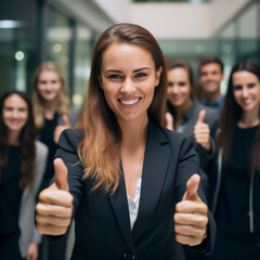 Triumphant Leadership: Businesswoman and Team Celebrate Success with Enthusiastic Thumbs Up