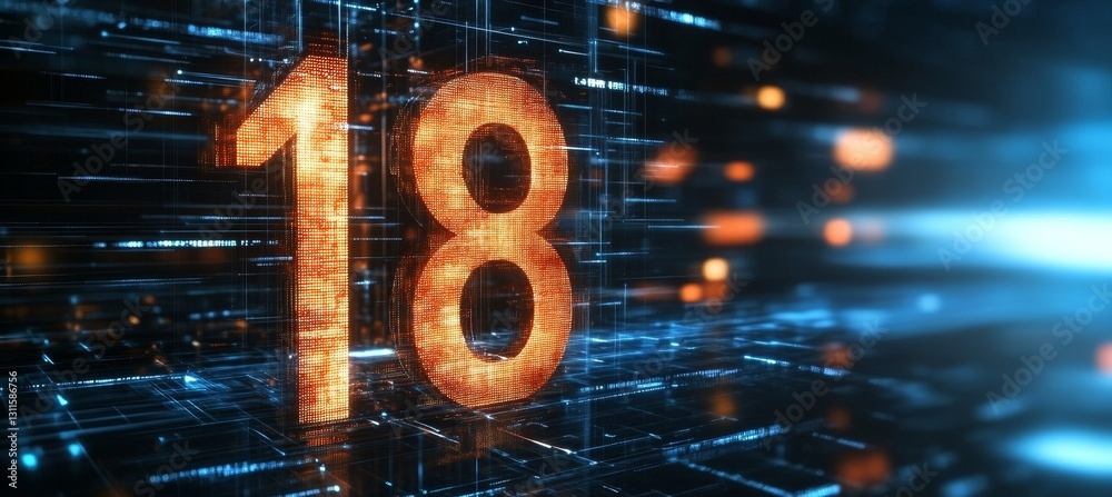 Poster giant glowing 3d number 18 in futuristic cyberspace with binary code and light streaks
